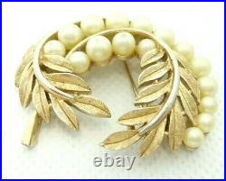 Vtg 1960s Crown Trifari Brooch Laurel Leaf Off White Faux Pearls Gold Tone Metal