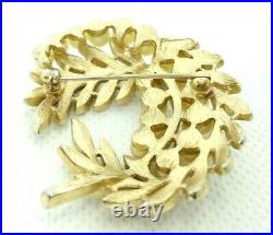 Vtg 1960s Crown Trifari Brooch Laurel Leaf Off White Faux Pearls Gold Tone Metal