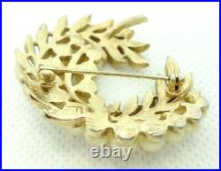 Vtg 1960s Crown Trifari Brooch Laurel Leaf Off White Faux Pearls Gold Tone Metal