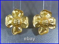 Vtg Givenchy Paris New York Satin Gp Large Flower With Logo Clip Earrings Evc